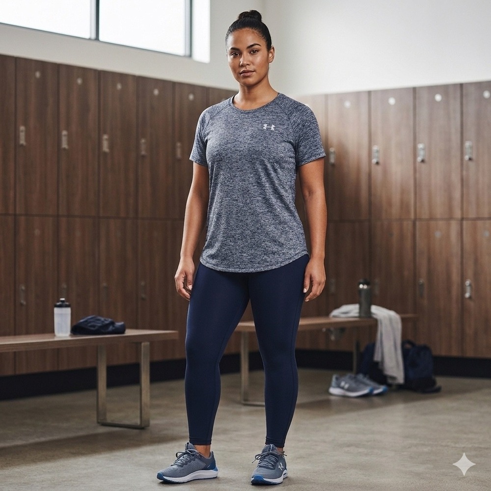 Under Armour Womens Tech Tee Blue Heather Space Dye HeatGear Shirt Small Loose